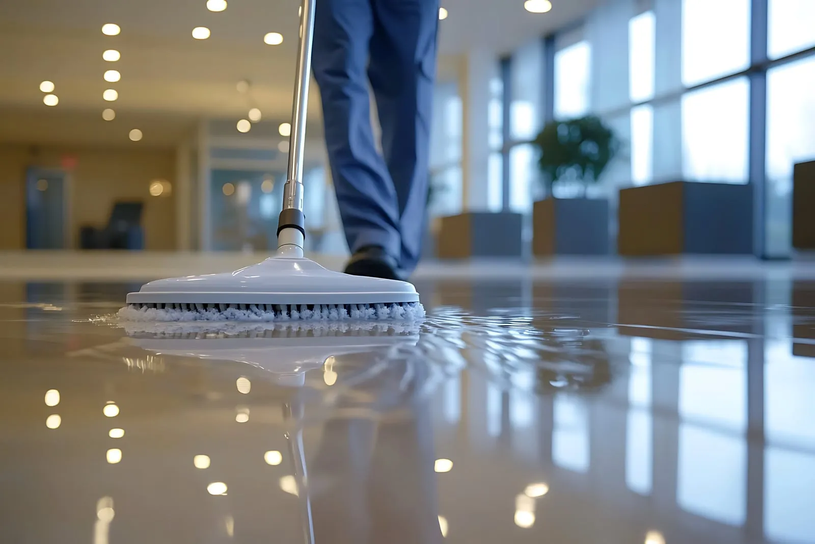 Janitorial cleaner wiping down glass surface